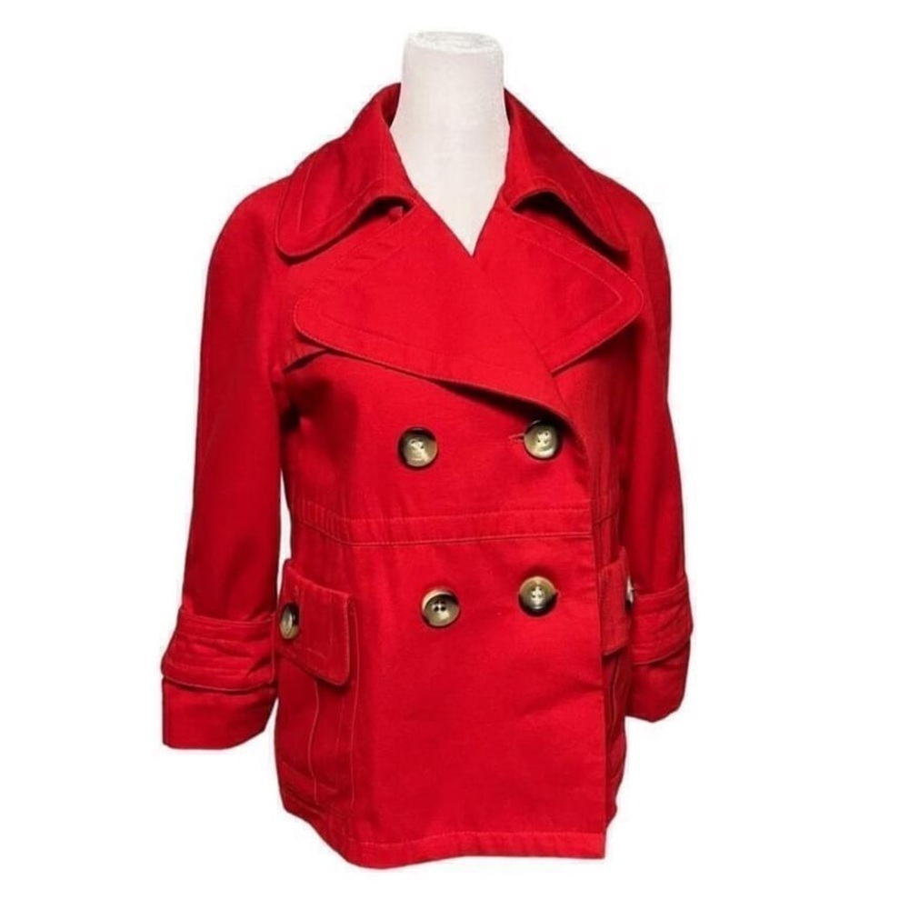 Zara Womens Red Double Breasted Short Cotton Pea Coat Size Medium